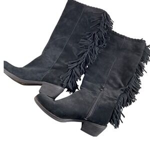 Reba Black Suede Leather Fringe‎ Knee High Western Cowgirl Boots Size 8M